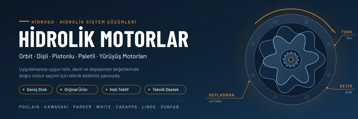 Hidrolik motor seçim kriterleri: tork (Nm), devir (d/dk) ve deplasman (cm³/dev) değerlerine göre doğru motor seçimi. Hidrogo hidrolik motor markaları: Poclain, Kawasaki, Parker, White, Casappa, Linde ve Sunfab